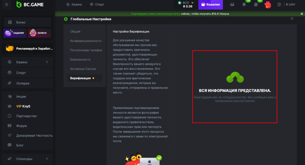 завершение проверки личности в казино BC game.